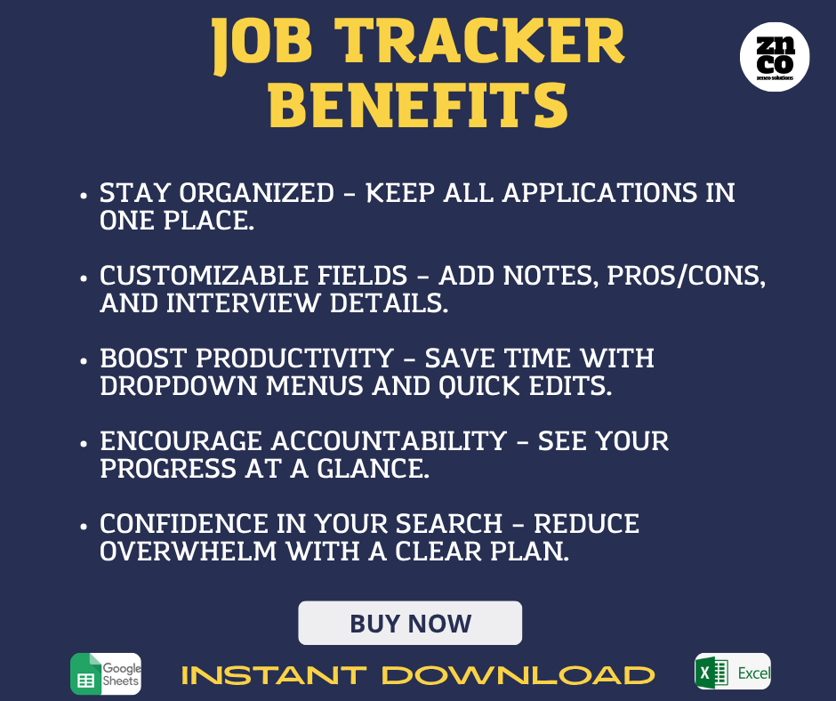 Job Application Tracker Template | Google Sheets & Microsoft Excel | Digital Download | Job Search Organization | Zenco Solutions