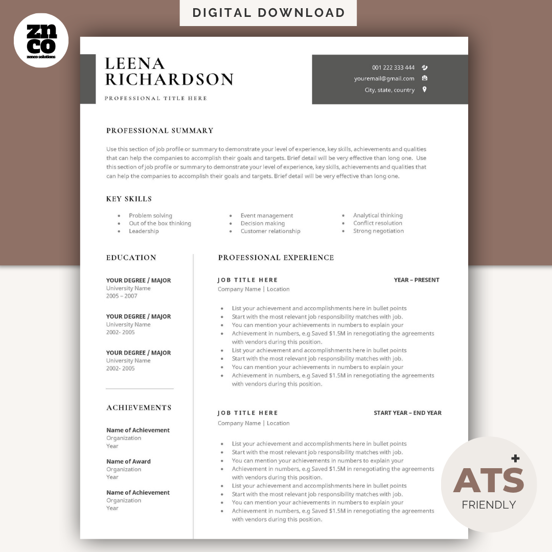 Professional Resume & Cover Letter Template Kit | Editable in Google Docs, Word and Pages | Digital Download | Zenco Solutions