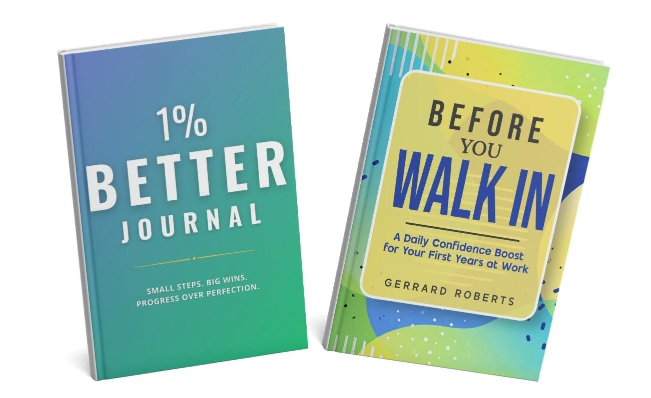 Two books shown on a plain white background: a teal-to-blue gradient journal titled "1% Better Journal" and a multicolor book titled "Before You Walk In" by Gerald Roberts.