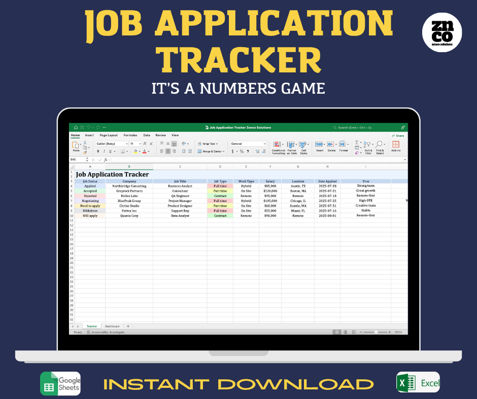 Job Application Tracker Template | Google Sheets & Microsoft Excel | Digital Download | Job Search Organization | Zenco Solutions