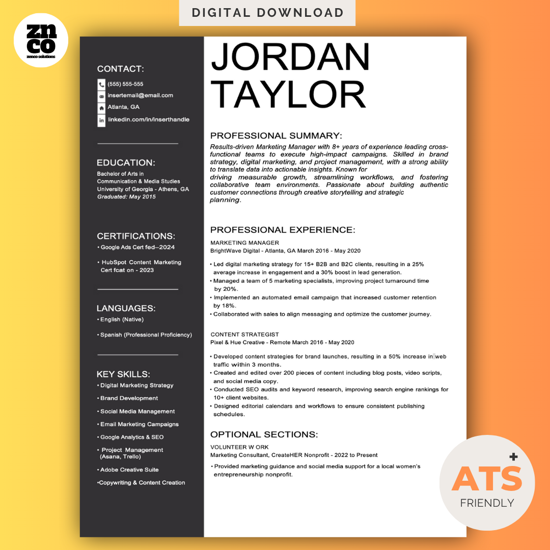 Modern Resume Template | Editable in Microsoft Word, Google Docs, and Pages| Professional Job Resume Template | Zenco Solutions