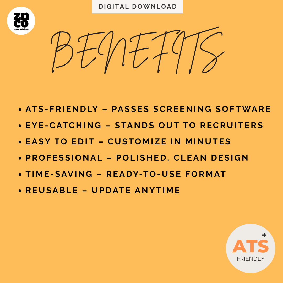 Modern Resume Template | Editable in Microsoft Word, Google Docs, and Pages| Professional Job Resume Template | Zenco Solutions