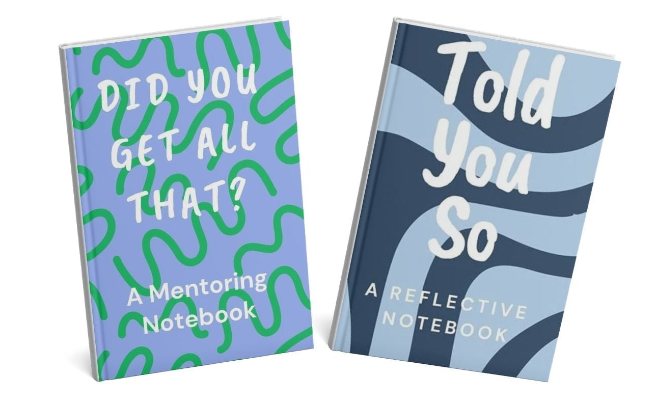 Two reflective notebooks standing upright on a white background. One notebook has a light purple cover with green squiggle lines and white text reading 'DID YOU GET ALL THAT? A Mentoring Notebook.